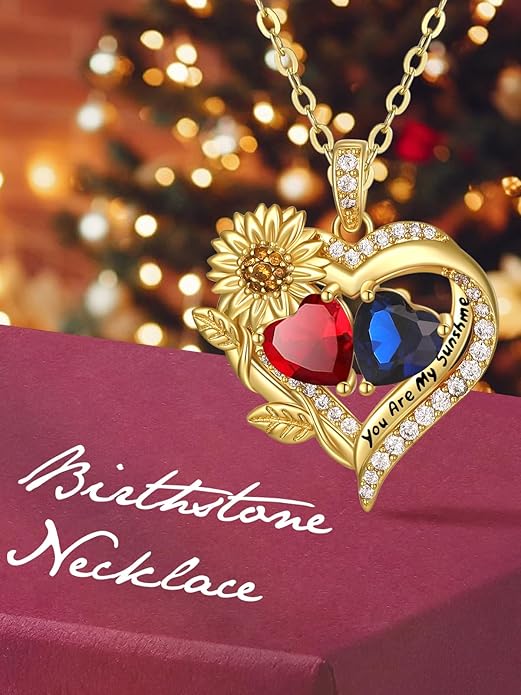 Sunflower Heart Necklace for Women 14K Gold Exquisite Anniversary Birthday Gifts for Wife Mother Her Double Birthstone Pendant jewelry‘You Are My Sunshine’