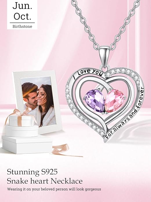 Zeuslia Double Birthstone Necklace Gifts for Wife - 925 Sterling Silver Sunflower/Rose/Crown Cross/Compass/Heart Pendant I Love You Necklace, Anniversary Birthday Gifts for Wife Girlfriend Mom Her