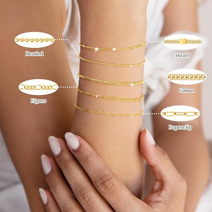 Gold Bracelets for Women Non Tainish,Dainty Bracelets Stack for Women Trendy, Gold Plated Cuff Bracelets Stack With Beaded Cuban Paperclip Snake Rope Bangle Hand Chain Jewelry Gifts for Women