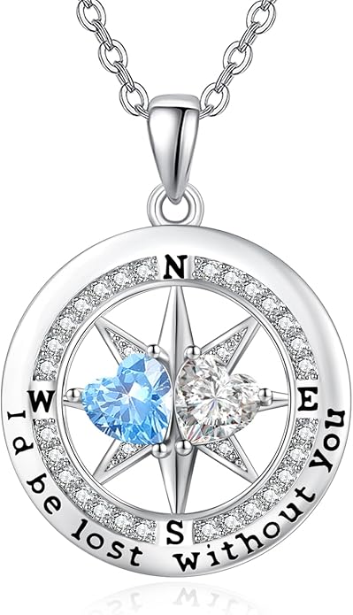 JIYVY32 Compass Birthstones Necklace for Women, Exquisite S925 Necklace Anniversary Birthday Gifts for Wife Her Double Birthstone Pendant jewelry ‘I'd be Lost Without You’