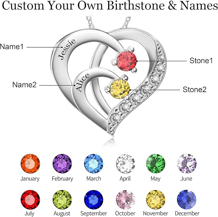 Easycosy Custom Name Necklace with Simulated Birthstones Customized Promise Necklace Heart Pendant with Engraved 2-6 Names - Anniversary Birthday Christmas Jewelry Gifts for Women Wife Mom Grandma