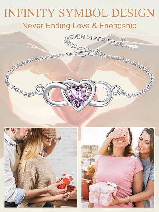 Custom4U Personalized Infinity Love Symbol Link Bracelets for Women 925 Sterling Silver Birthstone Bracelet Adjustable Engraved Chain Christmas Mother's Day Birthday Jewelry Gifts for Mom Her