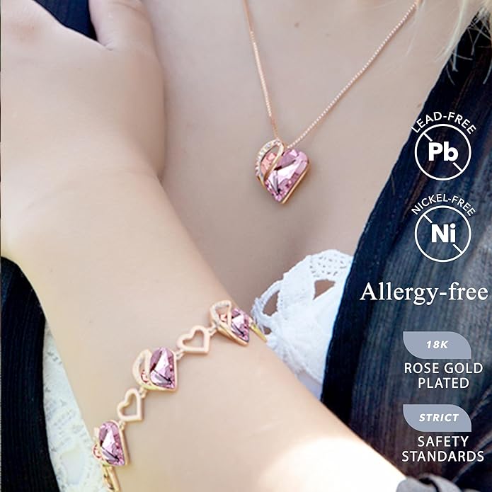 Leafael Rose Gold Plated Necklace for Women: Heart Shaped Birthstone/Healing Crystals Center, Dazzling Cubic Zirconia, Hypoallergenic Chain (18"+2"), Jewelry Gifts for Anniversaries and Birthdays