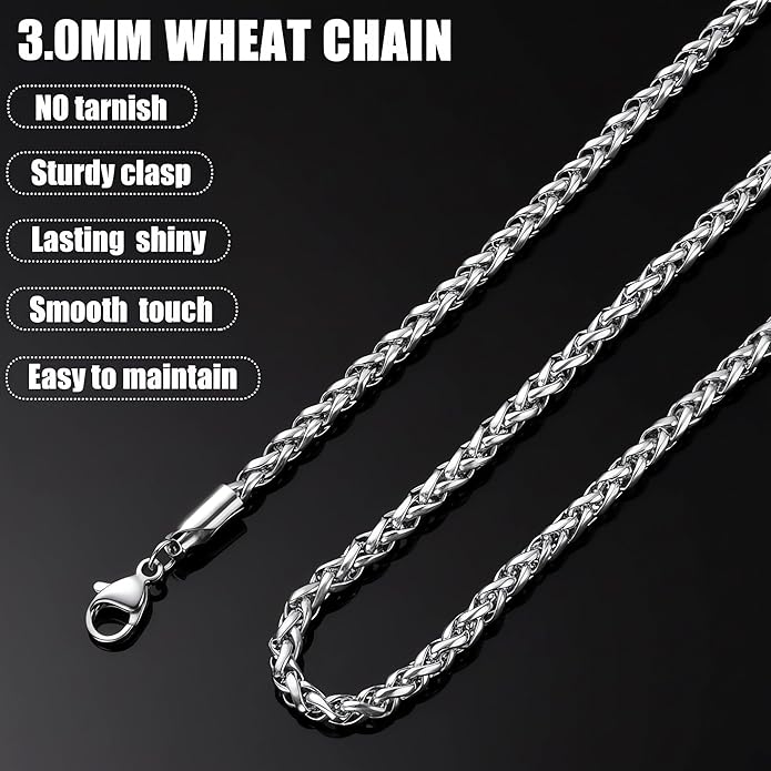 Fiusem Wheat Chains for Men and Women, 2/2.5/3/4/5mm Silver Tone/14K Gold Plated/Black Necklace Chain, Stainless Steel Mens Necklace 16-28 Inch