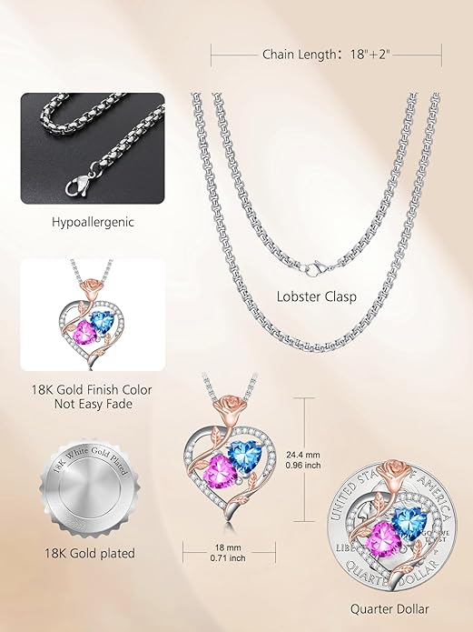 Christmas Gifts for Women Rose Heart Birthstone Pendant Necklace I Love You Forever Jewelry Valentine Mothers Day Birthday Gifts for Women Her Wife Girlfriend
