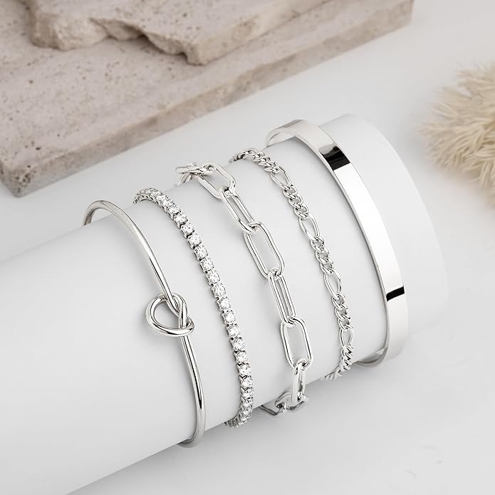 Gold Bracelets for Women Non Tarnish, 14K Gold Plated Chunky Cuff Bracelet Gold Bangles Bracelet for Women Trendy Tie Knot Cuban Rope Paperclip Beaded Bracelet Stack Jewelry Gifts