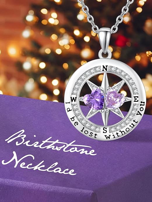 Compass Birthstones Necklace for Women, Exquisite Anniversary Birthday Gifts for Wife Her Double Birthstone Pendant jewelry ‘I'd be Lost Without You’