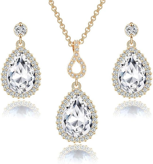 Austrian Crystals Teardrop Pendant Necklace Earrings for Women 14K Gold Plated Hypoallergenic Jewelry Set