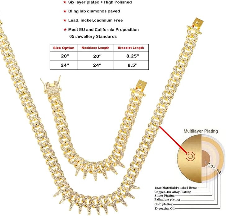 HH BLING EMPIRE Mens Gold Silver Plated Spike Cuban Link Chain Necklace and Bracelet Sets, Chunky Iced Out Diamond Miami Cuban Link Chains Hip Hop Jewelry