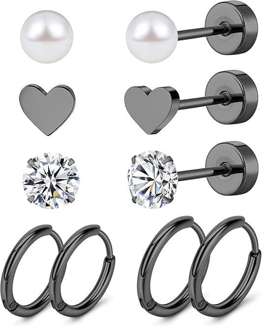 MJust Titanium Earrings for Sensitive Ears 20G Hypoallergenic Stud Hoop Earrings for Women Men Opal Ball CZ Heart Pearl Flat Back Earrings Cartilage Earrings Set
