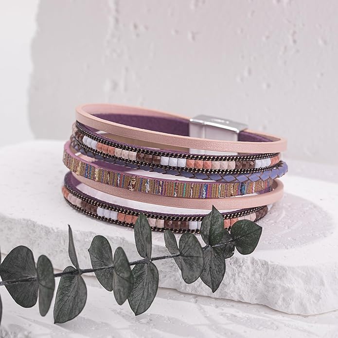 FANCY SHINY Boho Leather Wrap Bracelets Trendy Layered Bracelets with Magnetic Clasp Strackable Bohemian Jewelry Gifts for Women