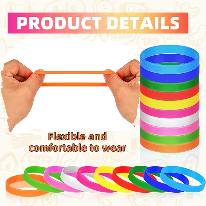 50 Pieces Solid Color Rubber Bracelets Silicone Wristbands, Stretch Colored Rubber Bracelets-10 Mix Colors