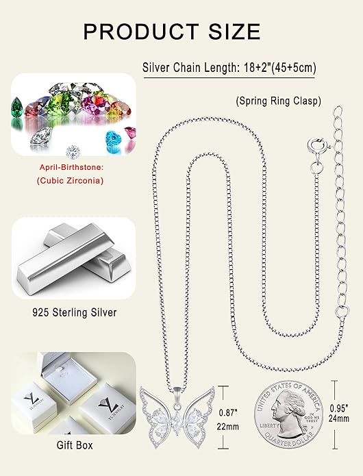 YL Women's Butterfly Necklace 925 Sterling Silver Flower Rose Pendant Birthstone Halo Jewelry