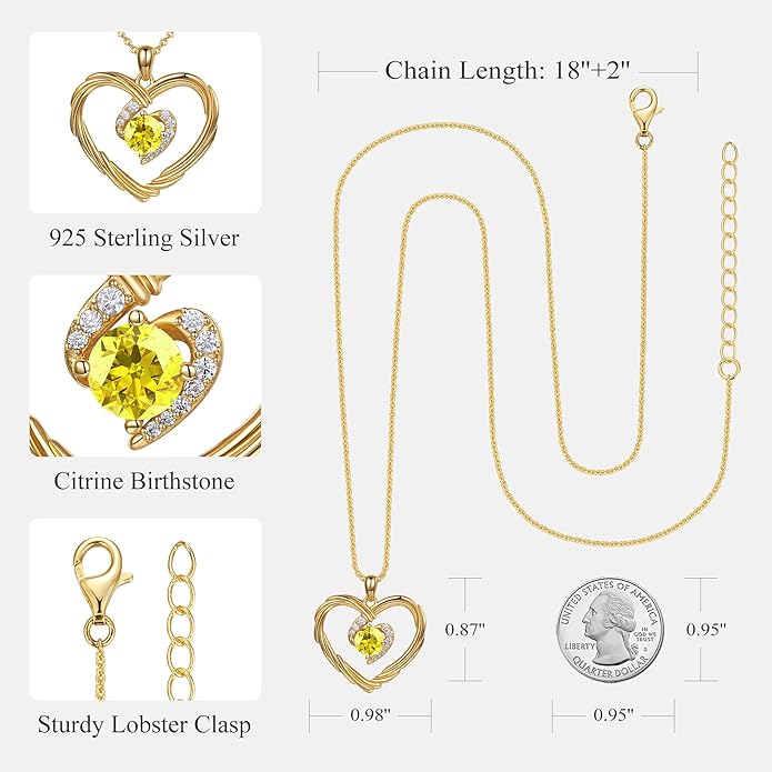G&GEMSJEW 18K Gold Heart Birthstone Necklaces for Women, S925 Sterling Silver Jewelry Birthday Gifts for Women Wife Girlfriend Mom, Anniversary Christmas Valentines Gifts