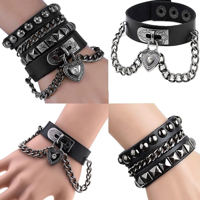 Perfect 4U Rivet Bracelet Multilayer Black Leather Cuff Heart Pendant Bangle Studded Chain Wrist Punk Sports Rock Bracelet Adjustable