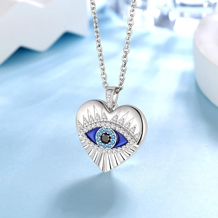 Jewmon 925 Sterling Silver Evil Eye Necklace for Women Lucky Turkey Eye of Proection Necklace Evil Eye Jewelry Gifts for Mom Daughter Grandma