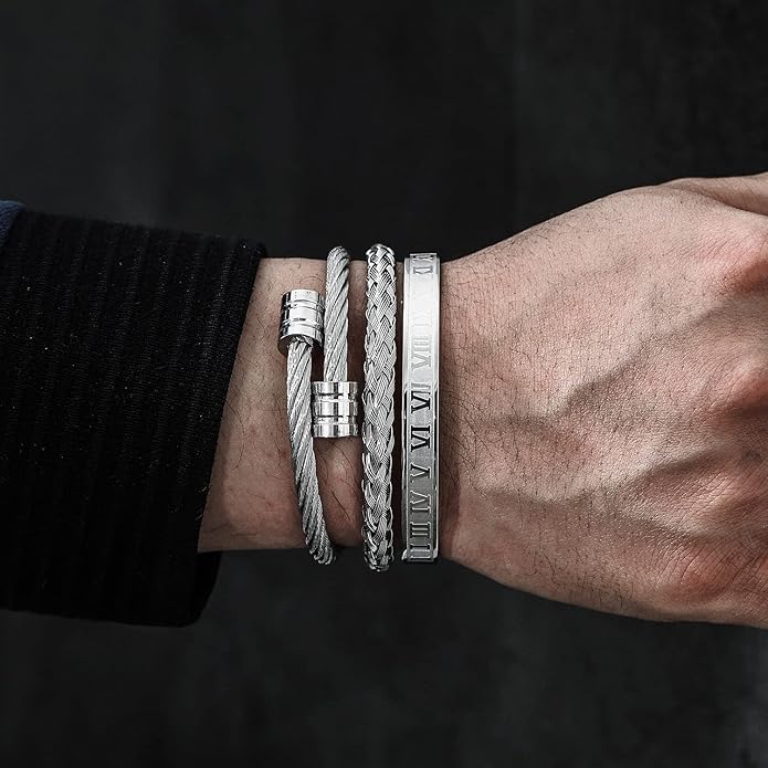 WFYOU 3PCS Stainless Steel Bracelets for Men Gold Roman Numeral Bangle Bracelet Twisted Cable Bracelet Adjustable Cuff Bracelet Mens Luxury Jewelry Bracelets Gifts