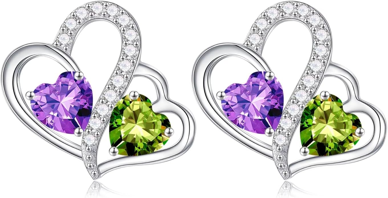Iefil Valentines Day Gifts for Her - Birthstone Earrings Gift for Women, 925 Sterling Silver Double Heart Birthstone Earrings | Anniversary Birthday Gifts for Women, Personalized Jewelry for Wife Mom