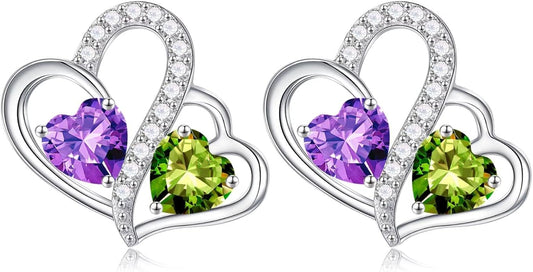 Iefil Valentines Day Gifts for Her - Birthstone Earrings Gift for Women, 925 Sterling Silver Double Heart Birthstone Earrings | Anniversary Birthday Gifts for Women, Personalized Jewelry for Wife Mom