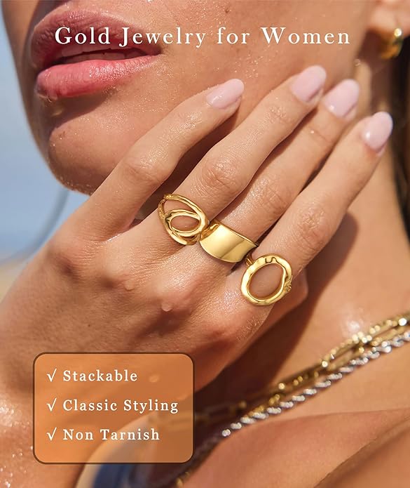 ZOERAY Chunky Gold Rings for Women Non Tarnish Trendy 14k Gold Plated Adjustable Signet Band Stackable Thumb Ring Set Open Twist Dome Statement Stacking Rings Jewelry Gifts for Women Size 5-10