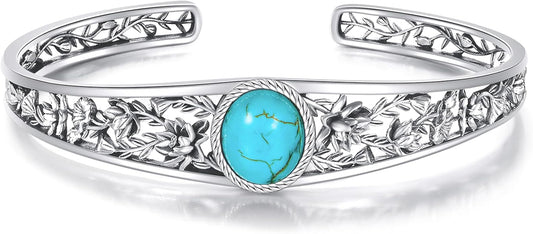 Christmas Jewelry Gift for Women-Genuine Turquoise Cuff Bracelet, Sterling Silver Western Vintage Floral Bangle Native American Jewelry, For 6.5-7.5 Inch Wrists
