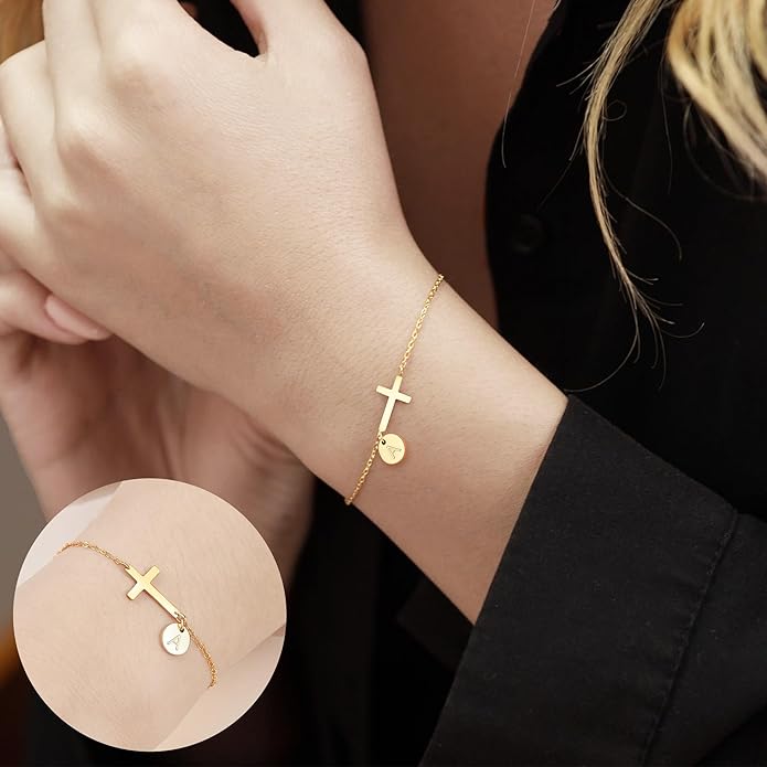 Sotcking Stuffers for Teens, Cross Bracelet for Women Dainty Cross Bracelet with Initials Link Chain Bracelets Christian Gifts for Women Teens Easter Baptism Religious Jewelry