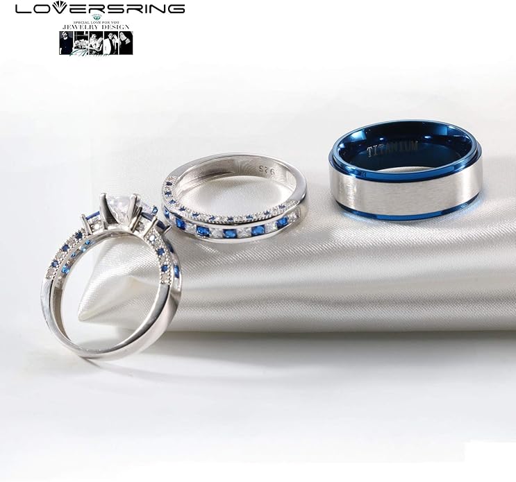 TWO RINGS Wedding Ring Sets His And Hers Promise Ring Couples Bridal Sets Women 925 Sterling Silver square Cz Man Stainless Steel Brushed Finished Wedding Bands