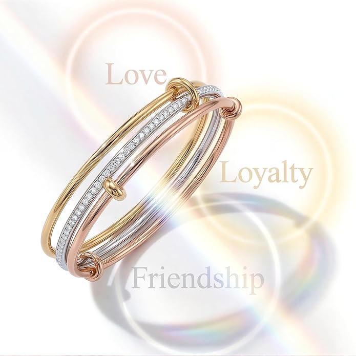 Musishiyu Gold Bracelets for Women Stacking Bangle - 18K Mixed Metal Tri-Color Rolling Interlocking Bands, Cubic Zirconia Fidget Anxiety Jewelry, Valentine's Galentine's Day Gifts (Love, Loyalty, Friendship)