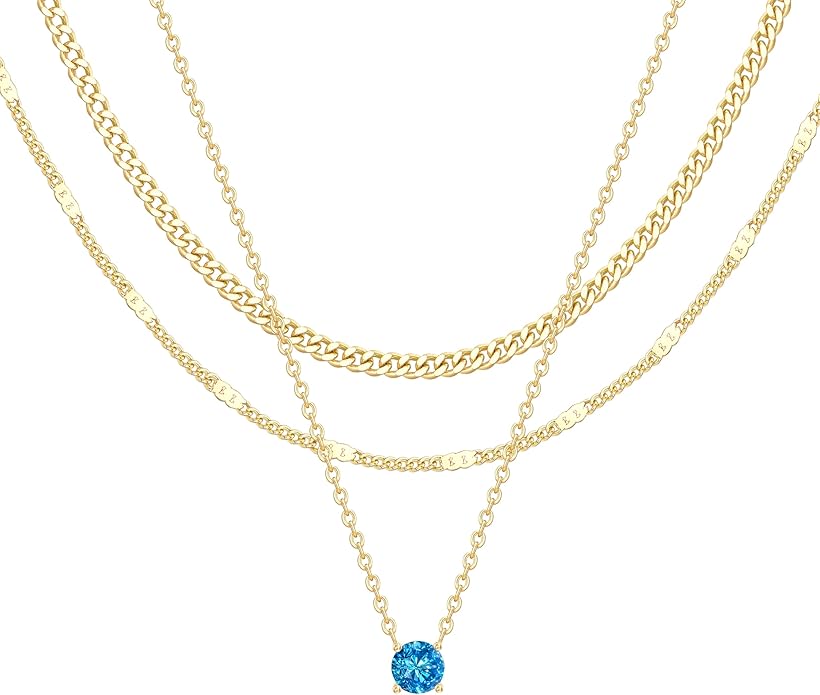 WomenGifts Layered Gold Necklaces for Women, 14K Gold Sterling Silver Plated Dainty Pendant Necklace Set with Cubic Zirconia Circle, Chunky Stackable Cuban Chain Choker, Trendy Personalized Birthstone Jewelry Gift Non Tarnish