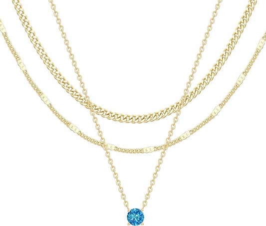 WomenGifts Layered Gold Necklaces for Women, 14K Gold Sterling Silver Plated Dainty Pendant Necklace Set with Cubic Zirconia Circle, Chunky Stackable Cuban Chain Choker, Trendy Personalized Birthstone Jewelry Gift Non Tarnish