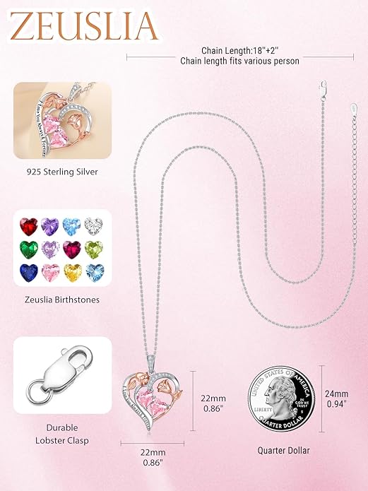 Zeuslia Double Birthstone Necklace Gifts for Wife - 925 Sterling Silver Sunflower/Rose/Crown Cross/Compass/Heart Pendant I Love You Necklace, Anniversary Birthday Gifts for Wife Girlfriend Mom Her