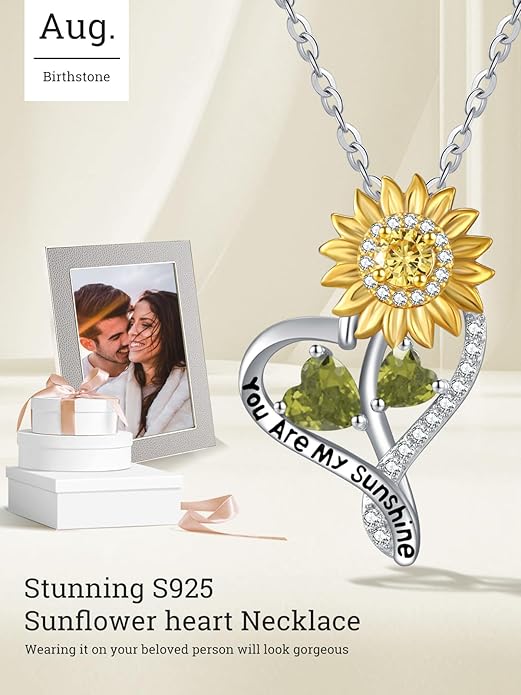 Zeuslia Double Birthstone Necklace Gifts for Wife - 925 Sterling Silver Sunflower/Rose/Crown Cross/Compass/Heart Pendant I Love You Necklace, Anniversary Birthday Gifts for Wife Girlfriend Mom Her