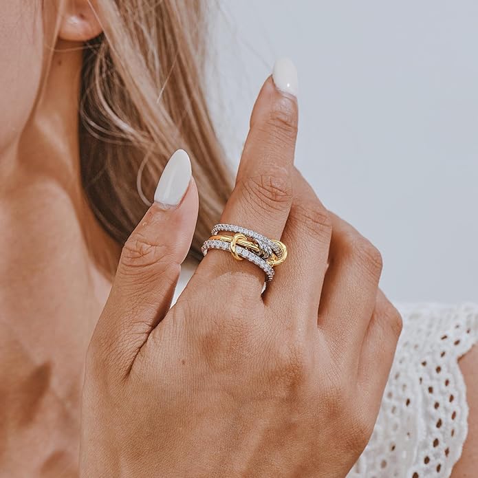 AllenCOCO 14K Gold Plated Stackable Rings, 3 Ring Set with CZ Cubic Zirconia, Gold & Silver Stacked, Multi-Link Connected Interlocking Band for Women Statement Hypoallergenic Upgraded Craft