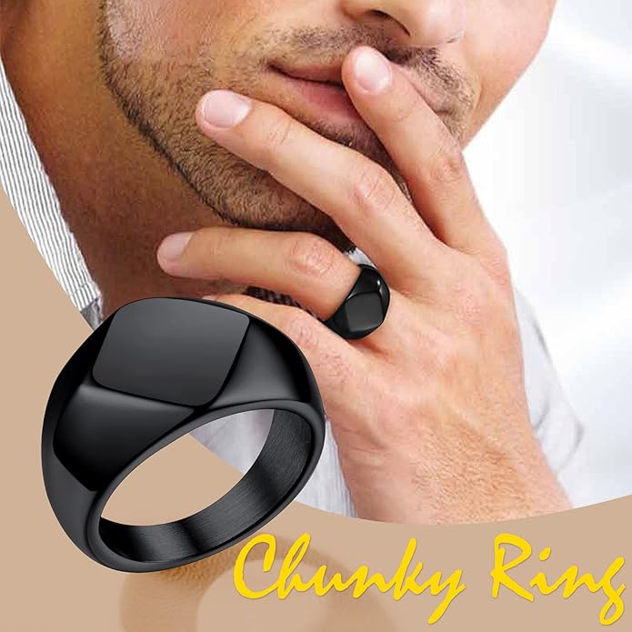 Bestyle Stainless Steel Signet Ring for Men Women in Gold/Black/Silver/Vintage Gray Tone, Chunky Thick Heavy Dome Band Ring Cool Finger Ring, Gift for Dad Husband, Size 7-14 Customizable