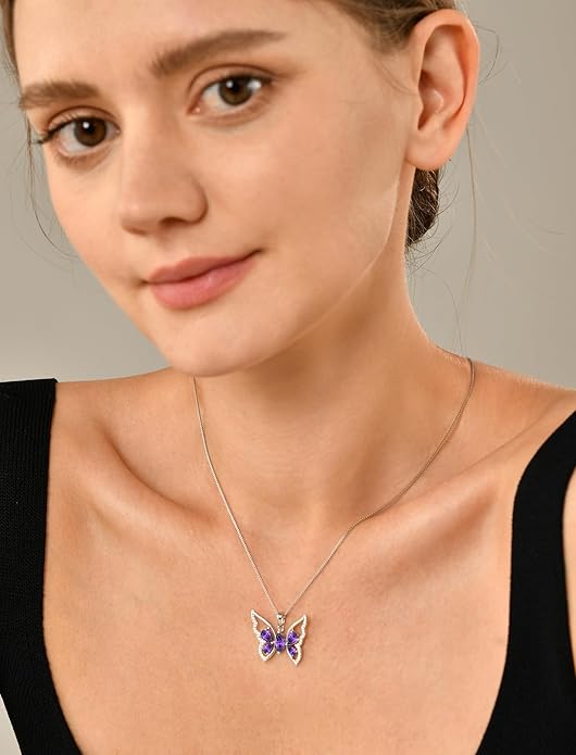 YL Women's Butterfly Necklace 925 Sterling Silver Flower Rose Pendant Birthstone Halo Jewelry