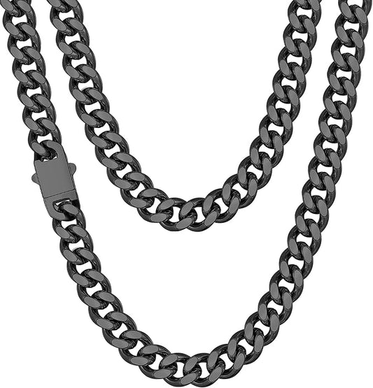Fiusem Valentines Day Gifts for Him Silver Tone/Black/14K Gold Plated Chain Necklace for Men, 5mm/6mm/7.5mm/8mm/9mm Stainless Steel Cuban Link Chain Necklace, Men's Chains 18-28 Inch Jewelry Gifts