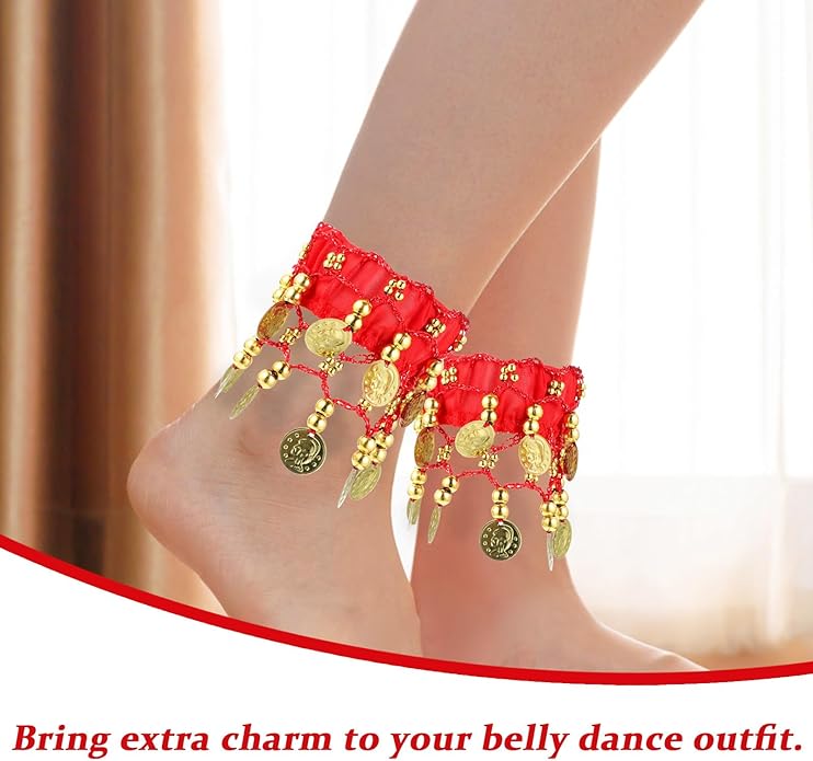 Belly Wrist Arm Bracelet - 2pcs Belly Ankle Bracelets with Coins Jewelry Anklet Chiffon Cuff Wrist Ankle Cuffs Costume Accessories
