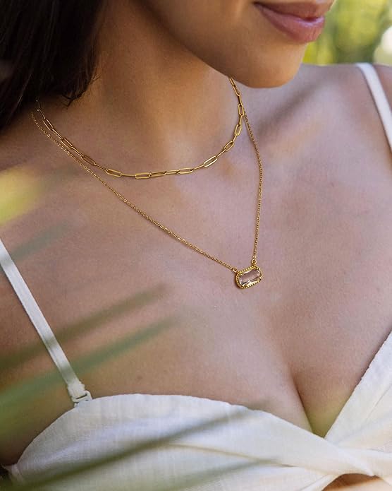 Lourny Gemstone Birthstone Pendant Layered Necklace for Women Trendy, 18K Gold Plated Paperclip Chain Preppy Choker Charm Necklace for Women Wife Jewelry