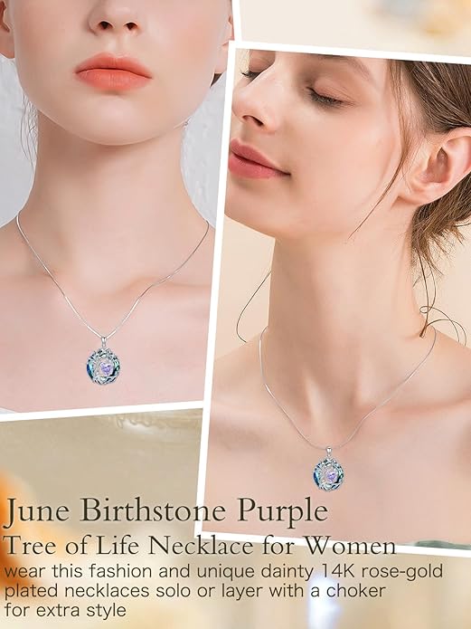TOUPOP Christmas Gifts Tree of Life Birthstone Necklace 925 Sterling Silver Pendant Austrian Crystal Jewelry Anniversary Birthday Gifts for Women Mom Her Wife