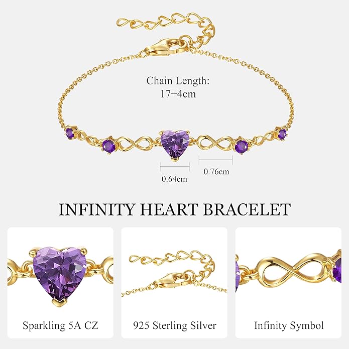 G&GEMSJEW Infinity Heart Birthstone Bracelets for Women, 925 Sterling Silver Women Charm Link Bracelet Adjustable, Birthday Anniversary Christmas Jewelry Gifts for Women Wife Mom Girlfriend Her