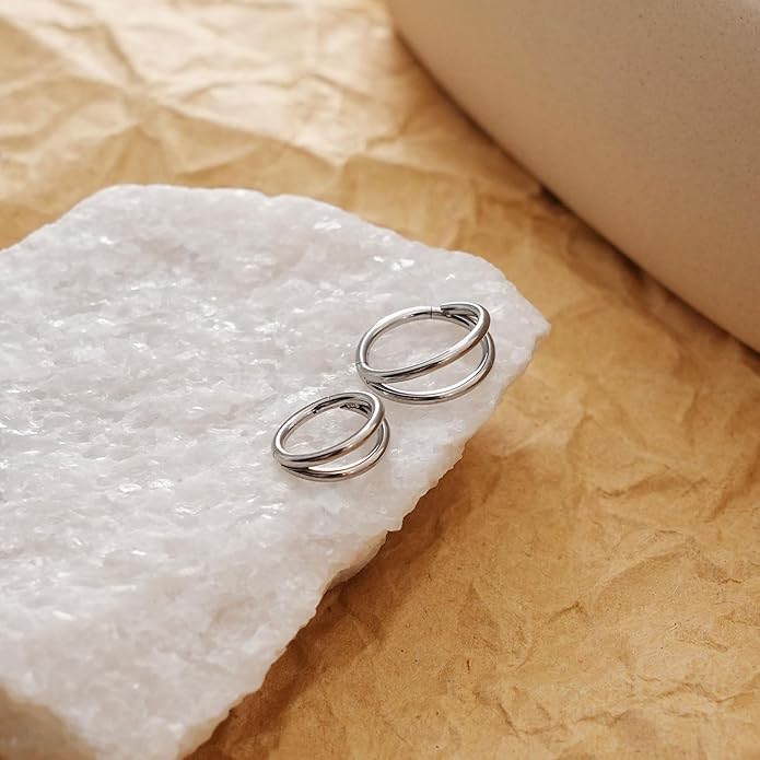 2 PCS Small Cartilage Double-Hoop Helix Conch Piercing Earrings With Cubic Zirconia For Women Trendy 14K Gold Plated Titanium Surgical Stainless Steel Sets Jewelry