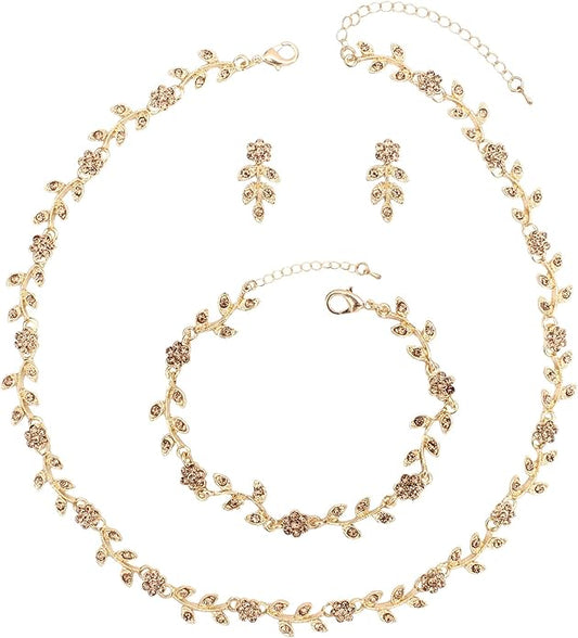 Austrian Crystal Rhinestone Choker Necklace Dangle Earring Link Bracelet Jewelry Set for Brides Bridesmaid Prom Costume Accessories for Women