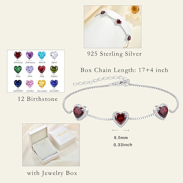 Love Heart Bracelet 925 Sterling Silver Halo Heart Birthstone Bracelet Jewelry Gifts for Women