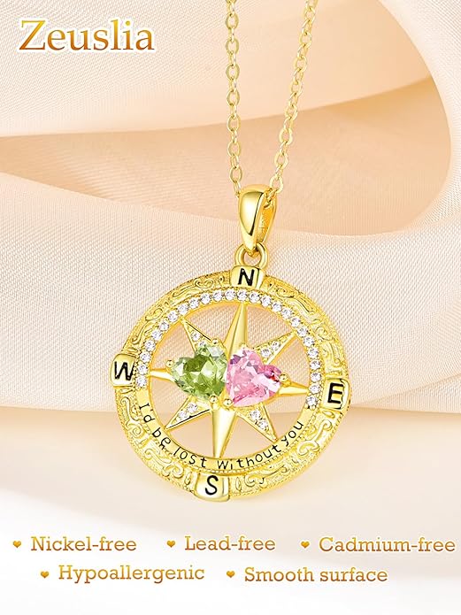 Zeuslia Double Birthstone Necklace Gifts for Wife - 925 Sterling Silver Sunflower/Rose/Crown Cross/Compass/Heart Pendant I Love You Necklace, Anniversary Birthday Gifts for Wife Girlfriend Mom Her