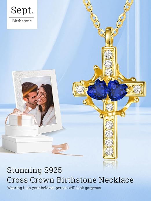 Zeuslia Double Birthstone Necklace Gifts for Wife - 925 Sterling Silver Sunflower/Rose/Crown Cross/Compass/Heart Pendant I Love You Necklace, Anniversary Birthday Gifts for Wife Girlfriend Mom Her