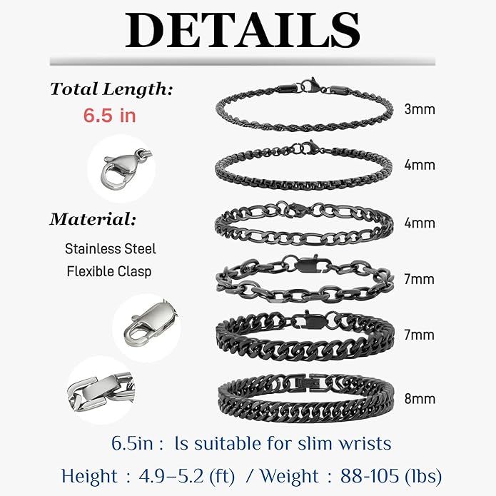 XIANNVXI 6pcs Stainless Steel Bracelets for Men Women Silver/Gold/Black Cuban Link Rope Paperclip Chain Bracelets Set 6.5/7/7.5/8.3/9 Inches Metal Bracelet Mens Fashion Accessories Jewelry Set