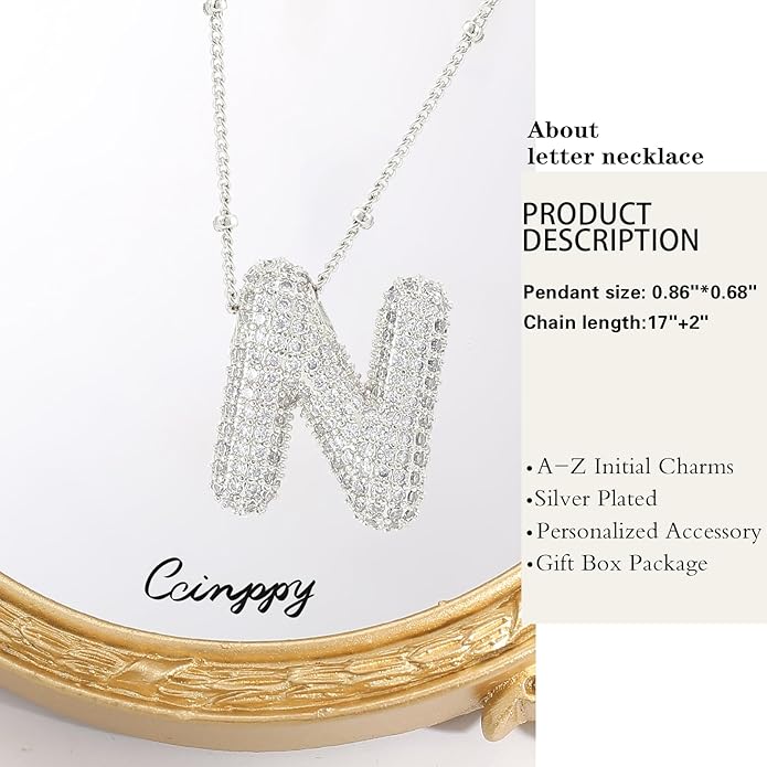 Letter Necklace, 14k Gold Plated Bubble Balloon Dainty Necklace for Women, Chunky Initial Charm Pendant Name Necklace Personalized