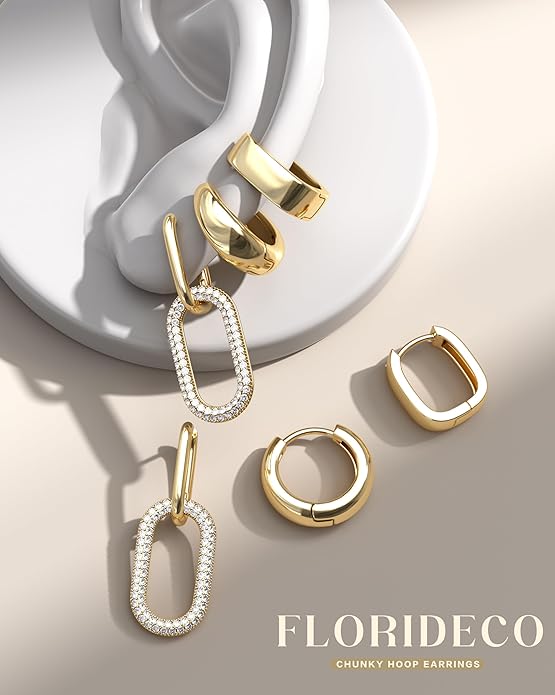 Florideco 3Pairs Chunky Gold Earrings Set 14K Gold Plated Hoop Earrings for Women Trendy Small Thick Huggie Hoops Earring Lightweight Silver Hoop Earring Sets for Multiple Piercing