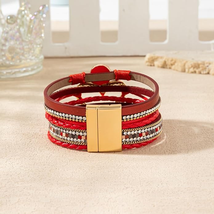 Rantanto Braid Leather Wrap Bracelet Trendy Stackable Crystal Cuff Boho Gold Heart Bracelet Jewelry Gift For Women