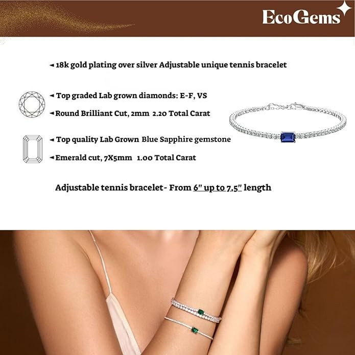 18K White/Yellow Gold Plated Silver Bracelet With Lab Grown Sapphire/Emerald/Ruby Surrounded With Lab Grown Diamond/Moissanite, Bracelet For Women Comes With Gift Box